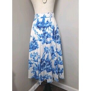 NWT ZARA Printed A-Line Midi Skirt S Abstract Blue & White Pockets Beach Summer